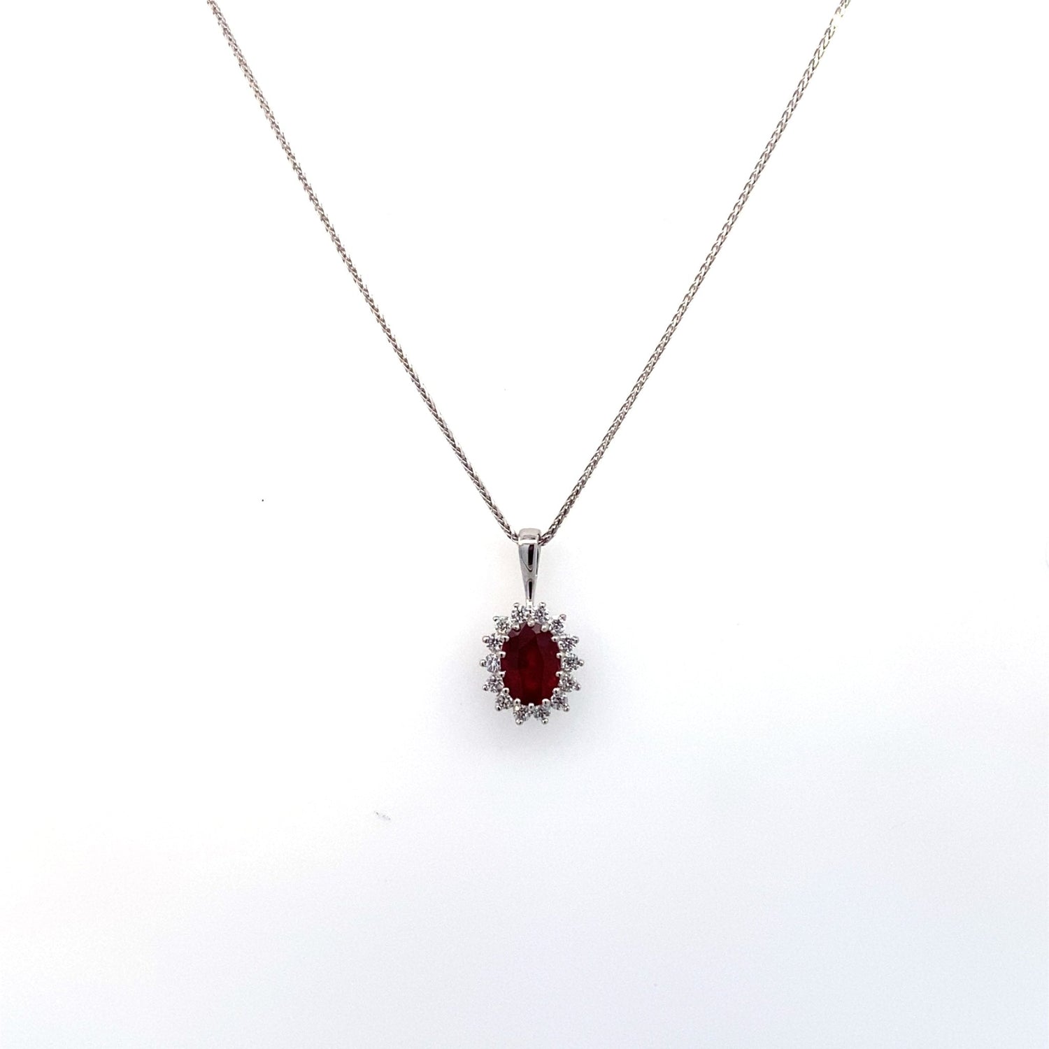 Pendant - oval ruby with diamond halo pendant 14kt white gold - Gaines Jewelers