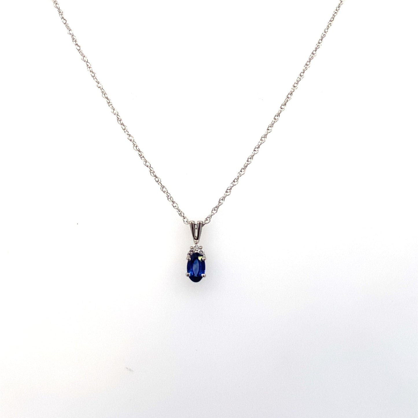 Pendant - oval sapphire & diamond drop 14kt white gold - Gaines Jewelers