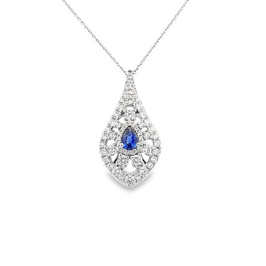 Pendant sapphire and diamond pear shape filigree 14kt white gold - Gaines Jewelers