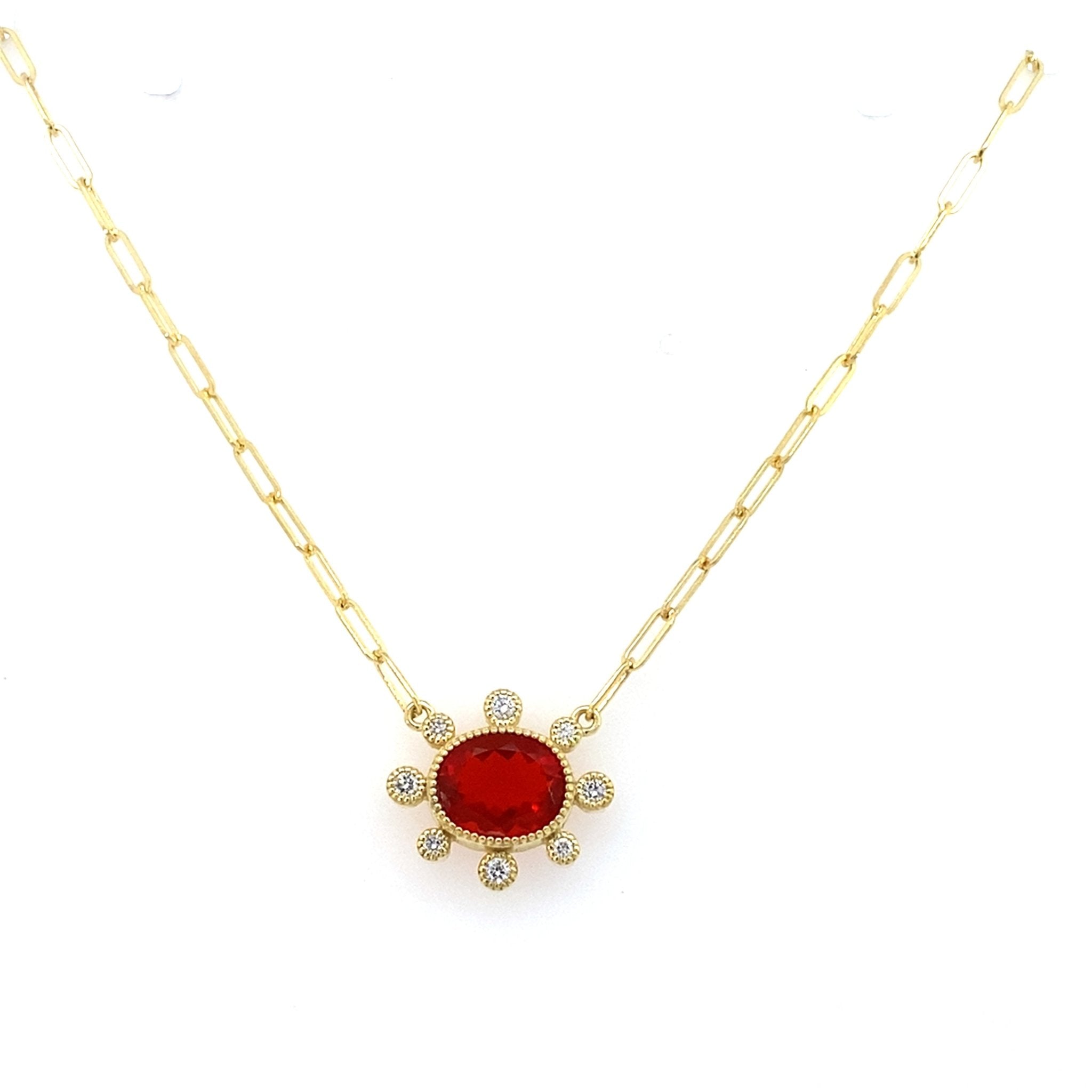 Pendant set with a fire opal with diamonds around on paperclip chain 14kt yellow gold by Raymond Mazza - Gaines Jewelers