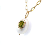 Peridot Bezel set into Small White Oval Pearl 14kt Yellow Gold Pendant - Raymond Mazza - Gaines Jewelers