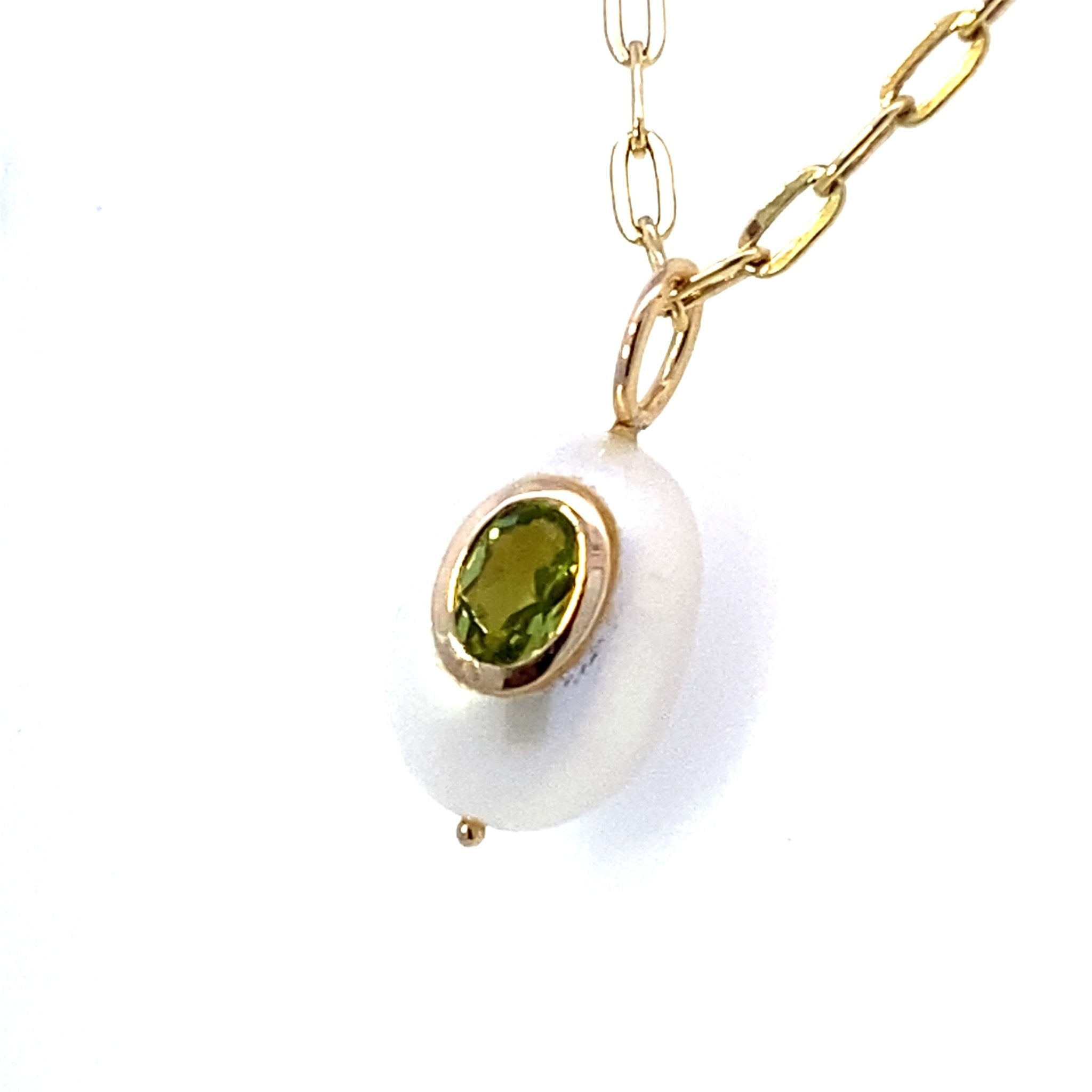 Peridot Bezel set into Small White Oval Pearl 14kt Yellow Gold Pendant - Raymond Mazza - Gaines Jewelers