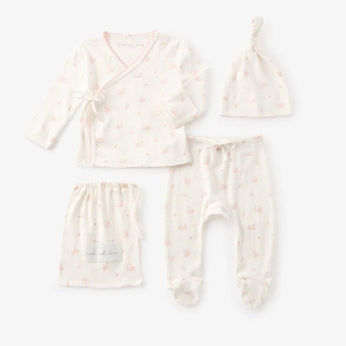 Pink Swan Print Organic Cotton Pointelle Layette 3 Pc Gift Set NB - Elegant Baby - Gaines Jewelers