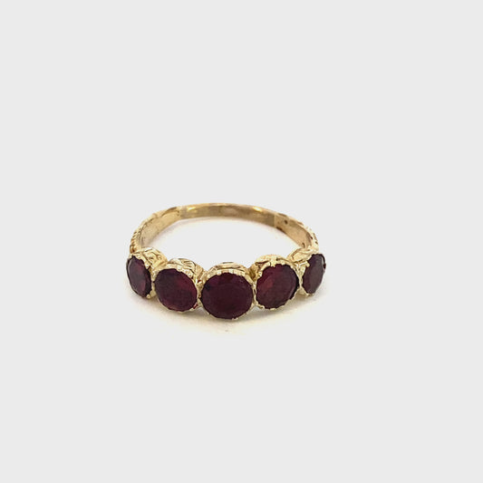 Antique garnet ring with 5 round stones yellow gold