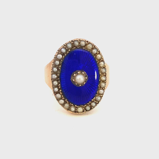 Antique ring blue enamel with pearls