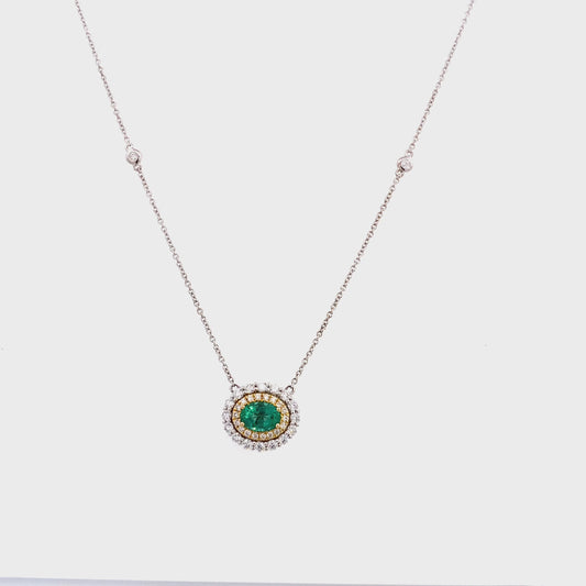 Necklace emerald with double diamond halo on diamond by yard chain