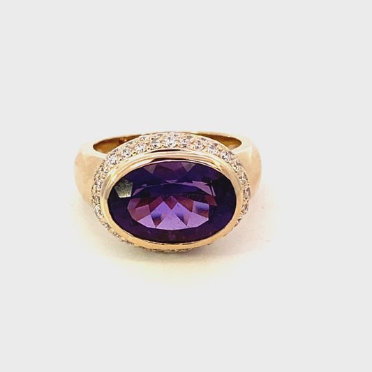 Ring- amethyst ring with double row pave diamonds 14kt yellow gold