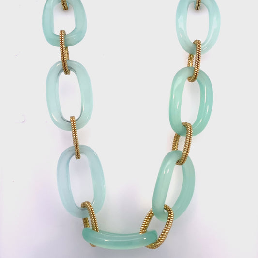 Necklace chalcedony oval links with textured 14kt yellow gold links