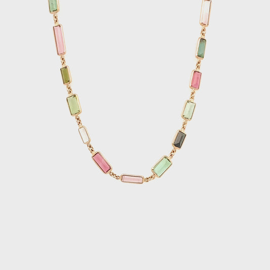 Necklace pink and green tourmaline rectangular in bezels 14kt yellow gold