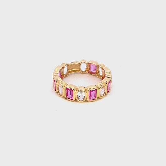 Ring pink sapphire and white topaz bezel set anniversary band 14kt yellow gold