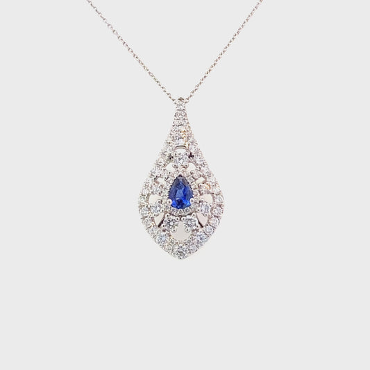 Pendant sapphire and diamond pear shape filigree 14kt white gold