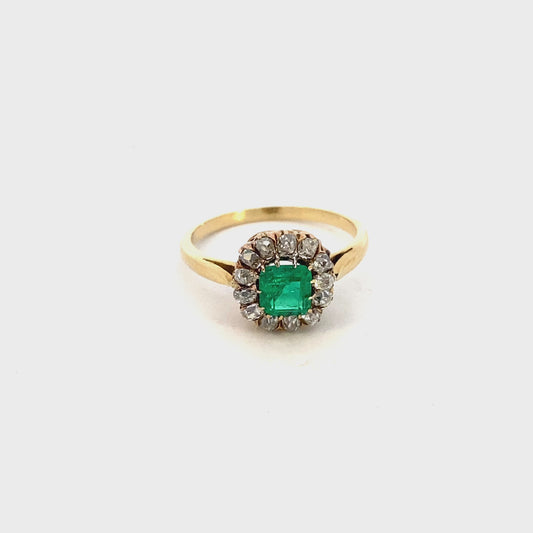 Antique ring single emerald with diamond halo cluster yellow gold