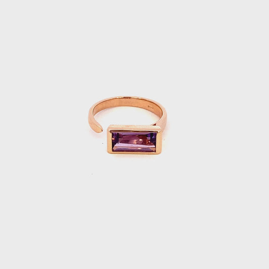 Ring amethyst set east-west open shank style 14kt rose gold