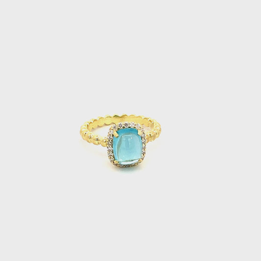Ring apatite with diamond halo and bead shank 14kt yellow gold