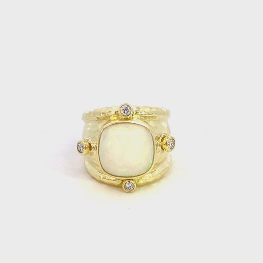 Ring opal 4 diamonds wide hammered shank 14kt yellow gold