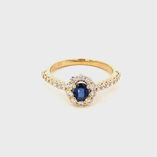 Ring- sapphire ring with diamond halo and shank 14kt yellow gold
