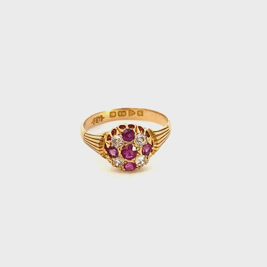 Antique ring ruby and diamond cluster 18kt yellow gold
