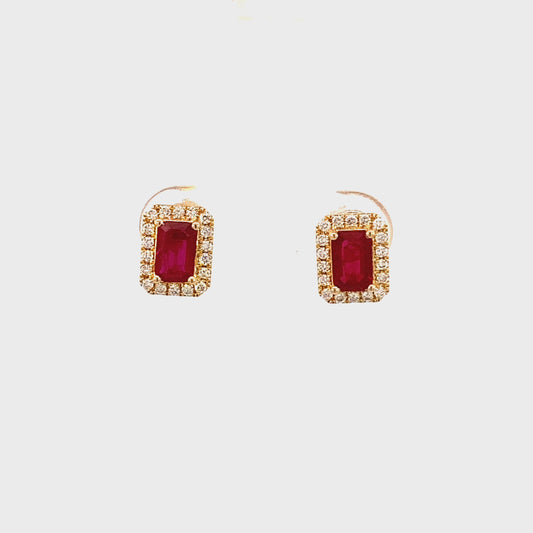 Ruby and diamond rectangular emerald cut with diamond halo in 14kt yellow gold