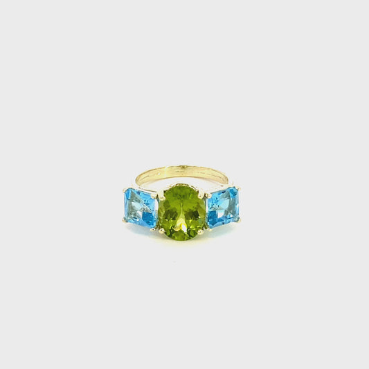 Blue topaz and peridot 3 stone ring 14kt yellow gold