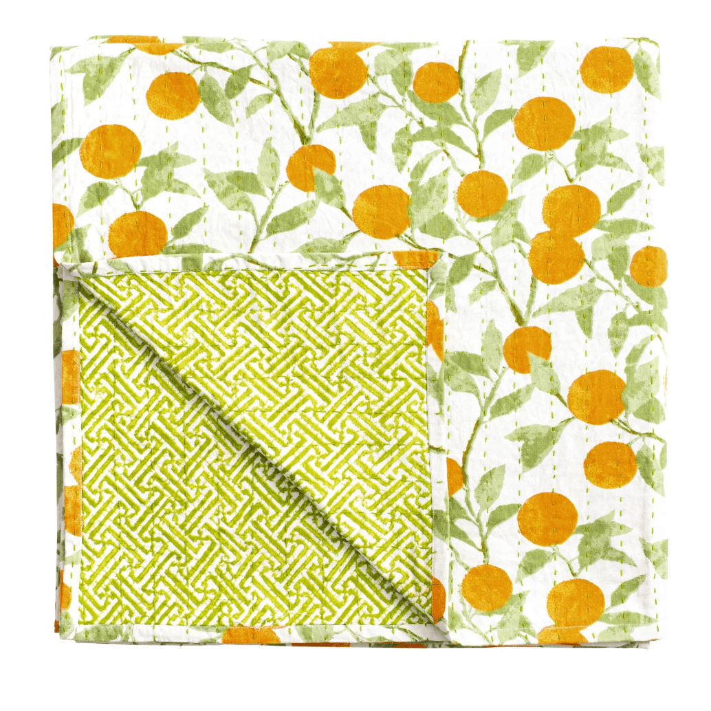 Reversible Kantha Table Cover in Orange Grove - Caspari - Gaines Jewelers