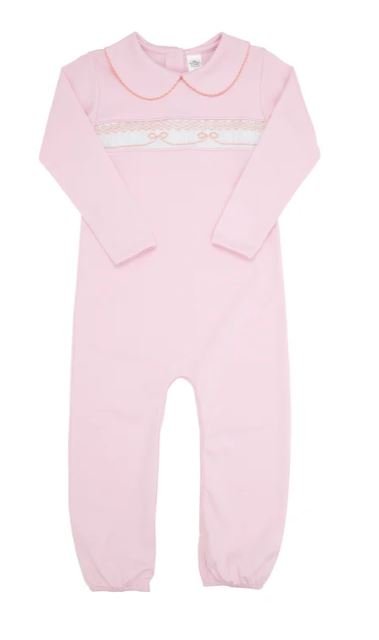Rigsby Romper Palm Beach Pink with Seashore Sherbet Bow Smocking - The Beaufort Bonnet Company - Gaines Jewelers