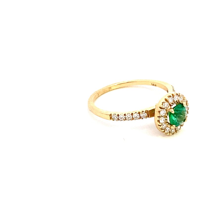 Ring- 14k Yellow Gold Emerald with diamond Halo and shank 1 dia halo shank - Gaines Jewelers