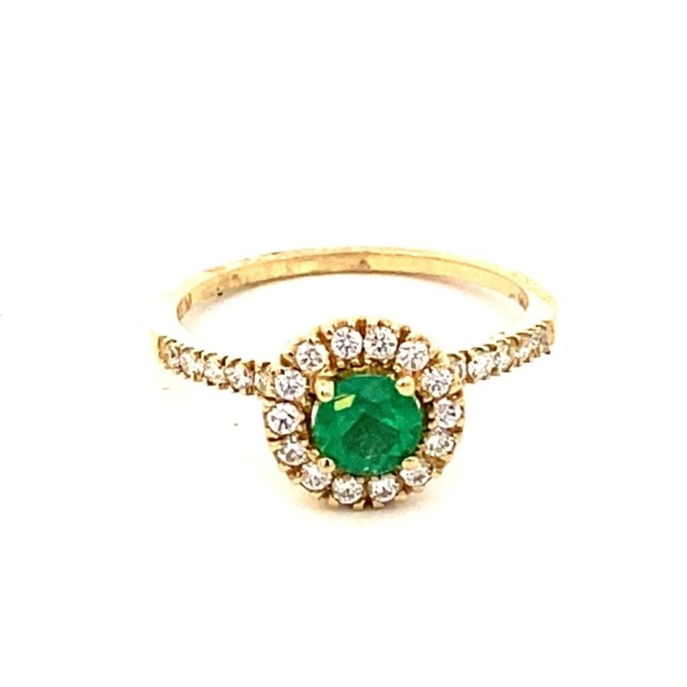 Ring- 14k Yellow Gold Emerald with diamond Halo and shank 1 dia halo shank - Gaines Jewelers