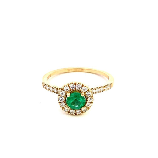 Ring- 14k Yellow Gold Emerald with diamond Halo and shank 1 dia halo shank - Gaines Jewelers