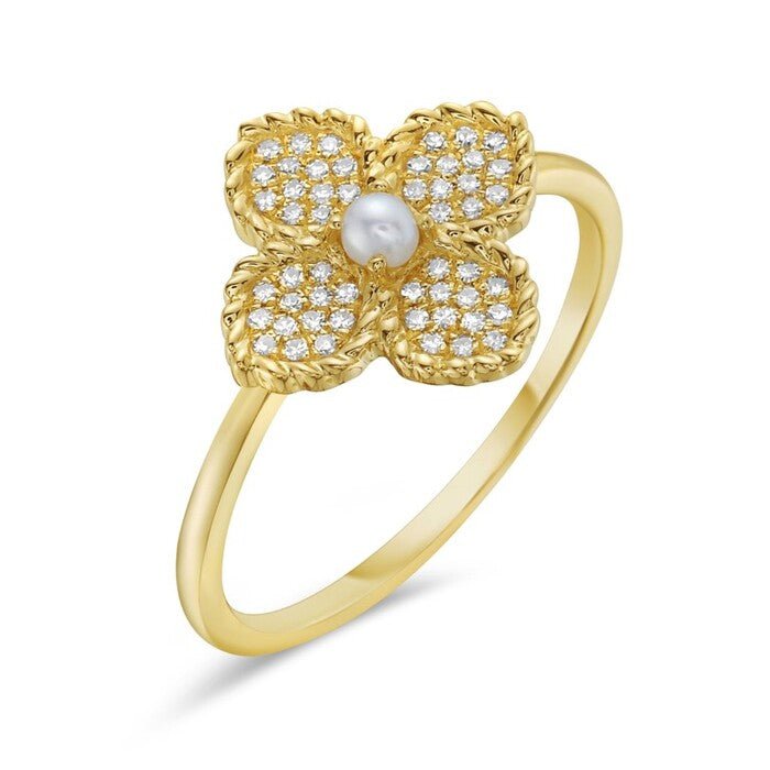 Ring 14k yg flower shape diamond pave with pearl center - Bassali - Gaines Jewelers