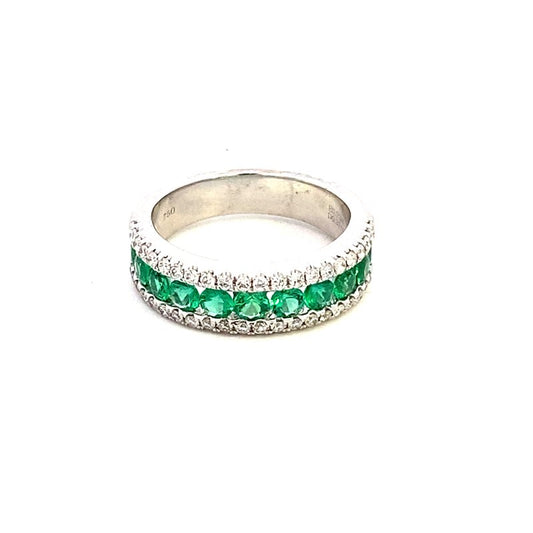 Ring- 18k White Gold Diamond & Emerald 3 row - Gaines Jewelers