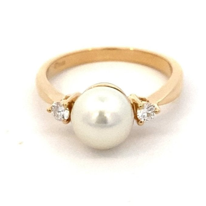 Ring - 8mm cultured pearl with side diamonds 14kt yellow gold - Gaines Jewelers