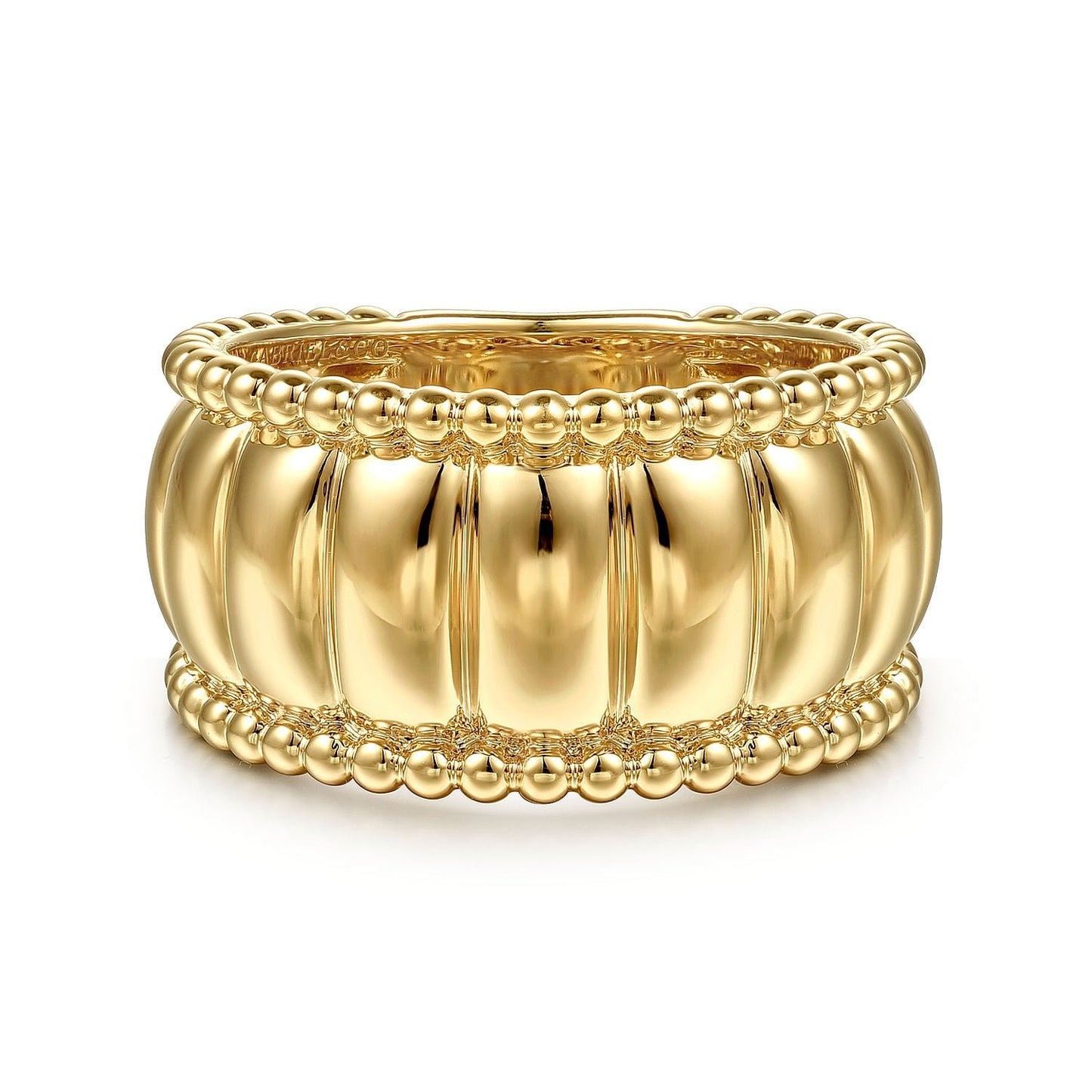 Ring all gold shrimp style texture with bead edge 14kt yellow gold by Gabriel - Gaines Jewelers