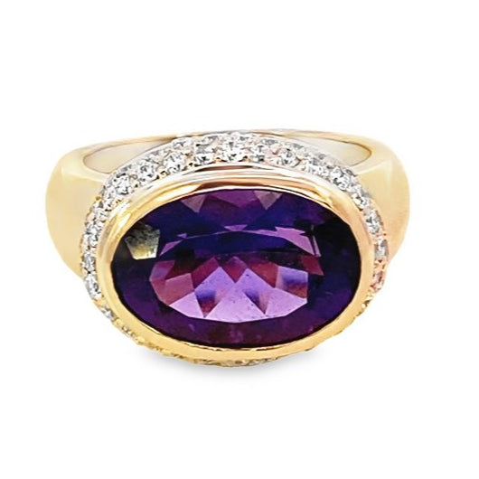 Ring- amethyst ring with double row pave diamonds 14kt yellow gold - Gaines Jewelers