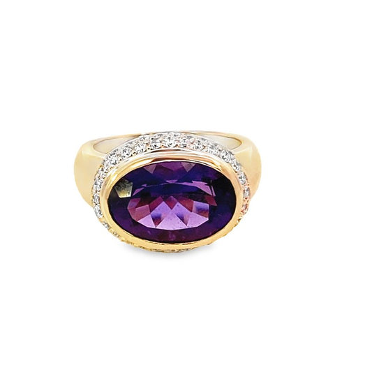 Ring- amethyst ring with double row pave diamonds 14kt yellow gold - Gaines Jewelers
