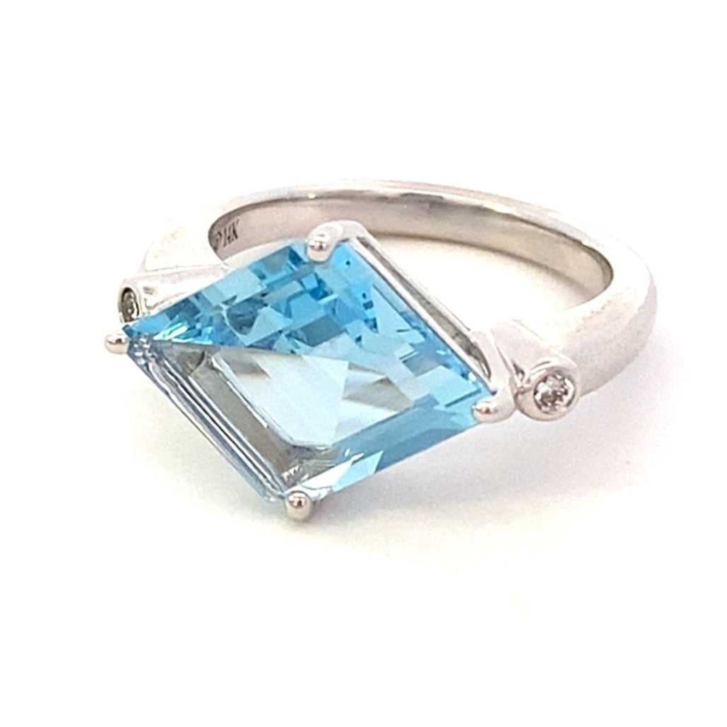 Ring - aqua set east - west with diamond sides 14kt white gold - Gaines Jewelers