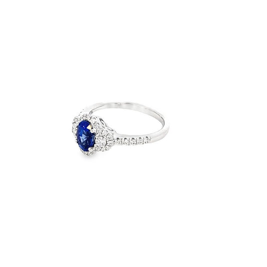 Ring blue sapphire diamond halo sides and shank 18kt white gold - Gaines Jewelers