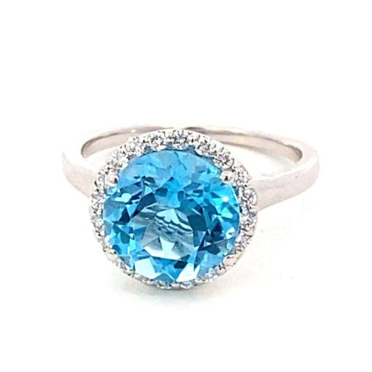 Ring- blue topaz ring with diamond halo 14kt white gold - Gaines Jewelers