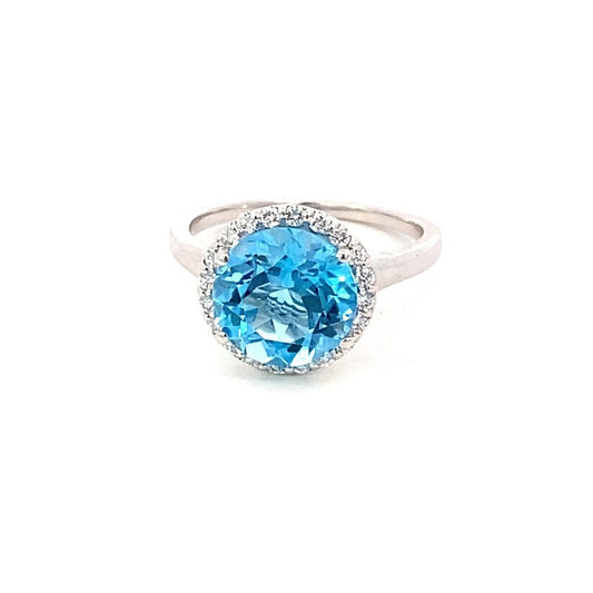 Ring- blue topaz ring with diamond halo 14kt white gold - Gaines Jewelers