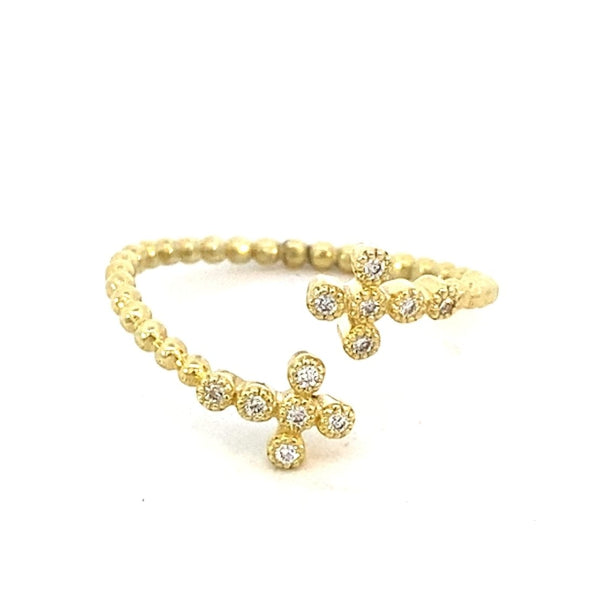 Ring bypass style with beaded shank, open on top with diamond crosses 14kt yellow gold - Gaines Jewelers