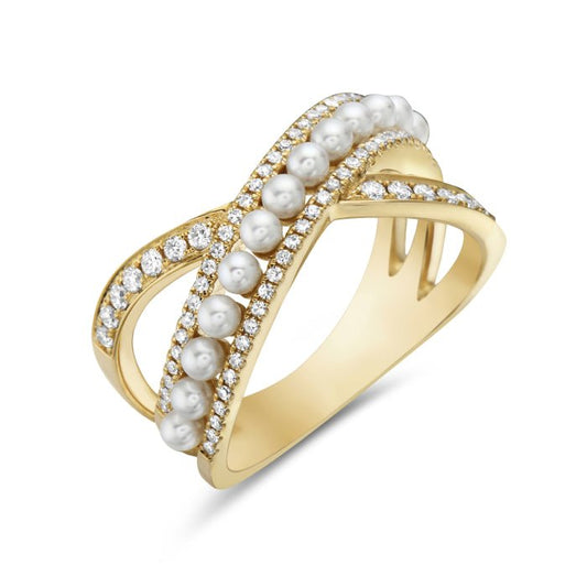 Ring criss - cross tyle set with pearls and tiny diamonds 14kt yellow gold - Gaines Jewelers