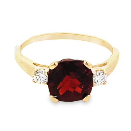 Ring- cushion garnet ring flanked by 2 diamonds 14kt yellow gold - Gaines Jewelers