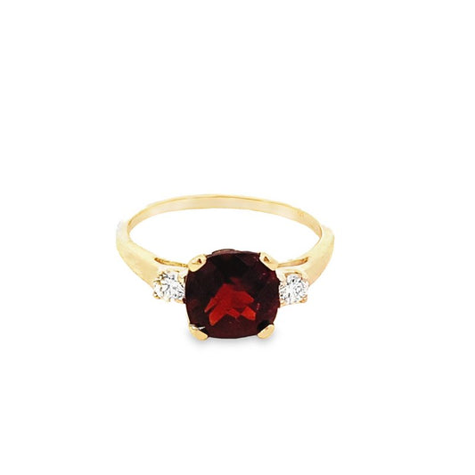 Ring- cushion garnet ring flanked by 2 diamonds 14kt yellow gold - Gaines Jewelers