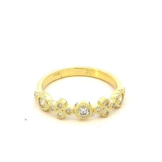 Ring designed with diamond clusters in a band 14kt green gold - Gaines Jewelers