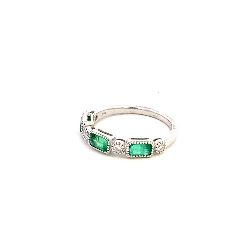 Ring emerald 3 diamond 4 coin edge bezels 18kt white gold - Gaines Jewelers