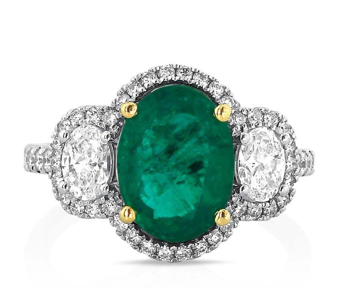 Ring - emerald and diamond, large center and heavy diamond 18kt white gold - Gaines Jewelers