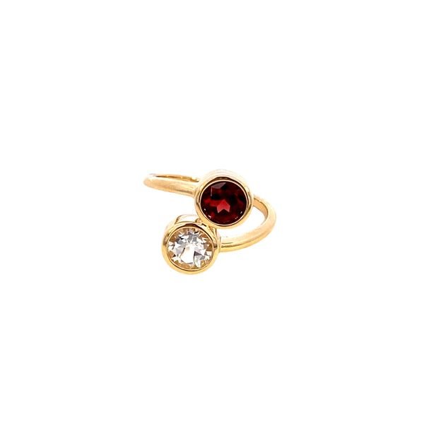 Ring garnet and white topaz bypass style 14kt yellow gold - Gaines Jewelers