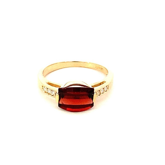 Ring- garnet set east-west flanked by diamond shank 14kt yellow gold - Gaines Jewelers