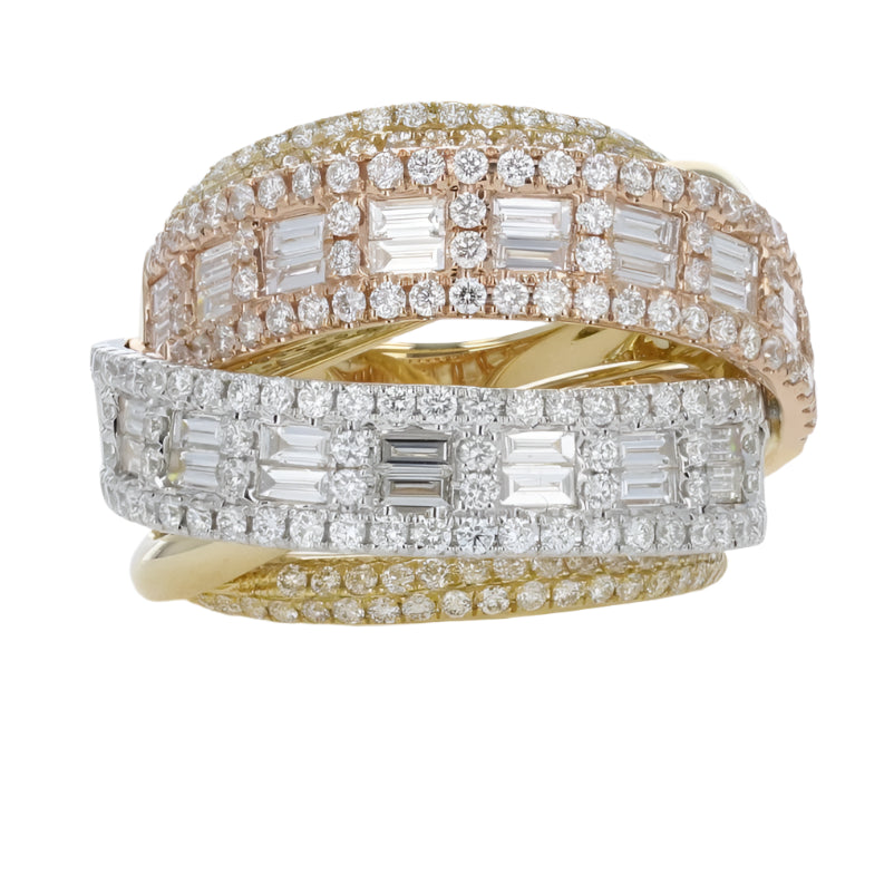 Ring important and large diamond triple crossed bands tri - color - Gaines Jewelers