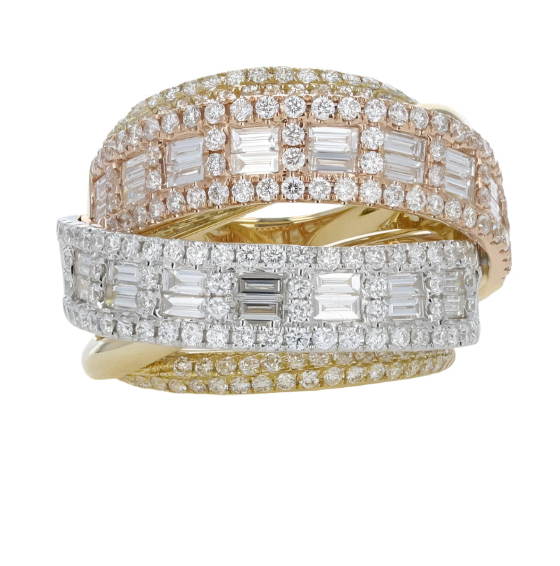 Ring important and large diamond triple crossed bands tri - color - Gaines Jewelers
