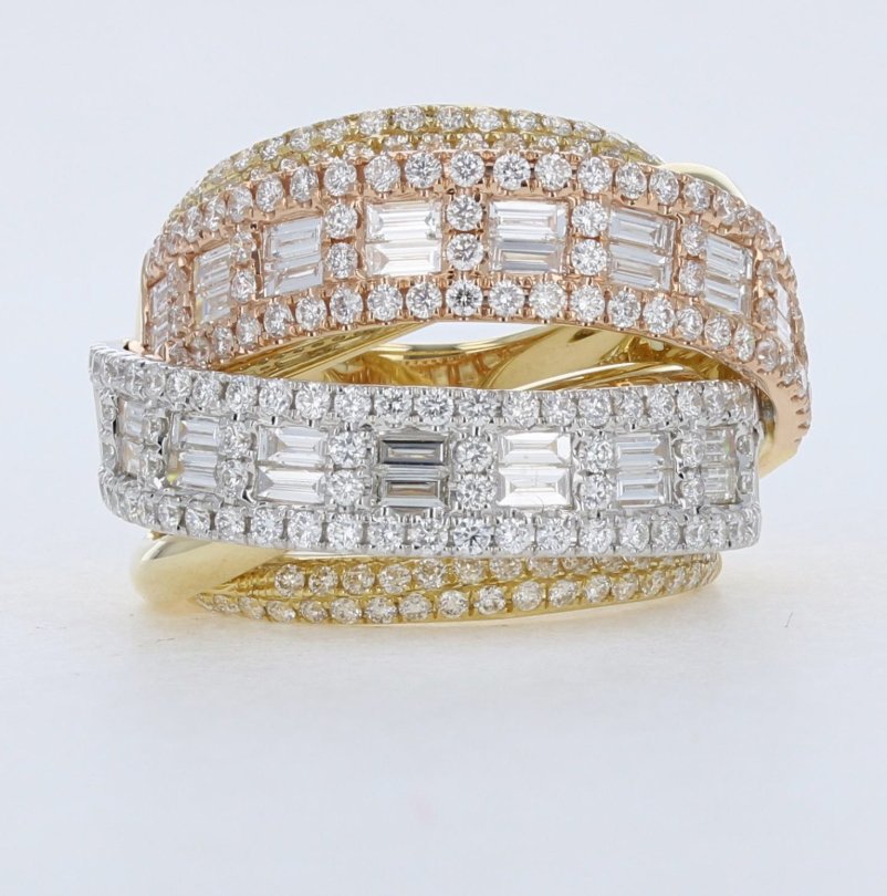 Ring important and large diamond triple crossed bands tri - color - Gaines Jewelers